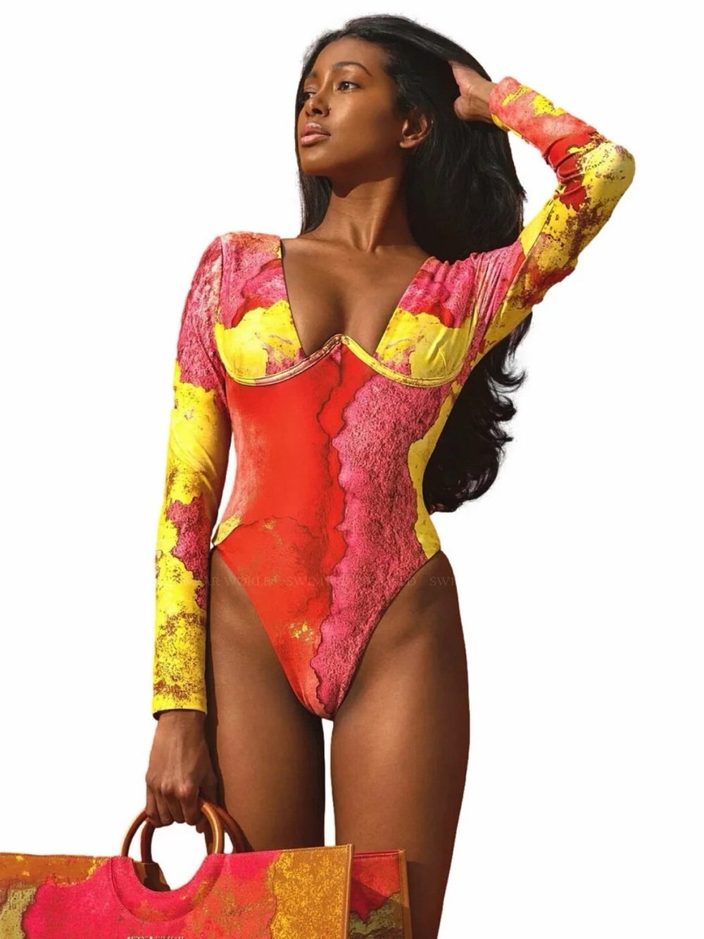 Andrea Iyamah Red, Yellow & Pink Abstract Long-Sleeve One-Piece Swimsuit